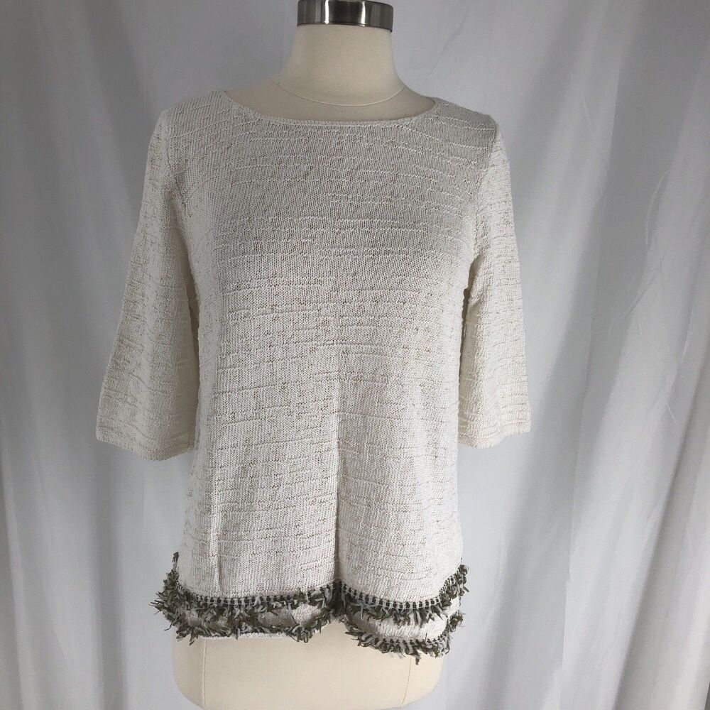 Nic + Zoe Fringe Hem 3/4 Sleeve Open Knit Sweater Ivory Cream PL